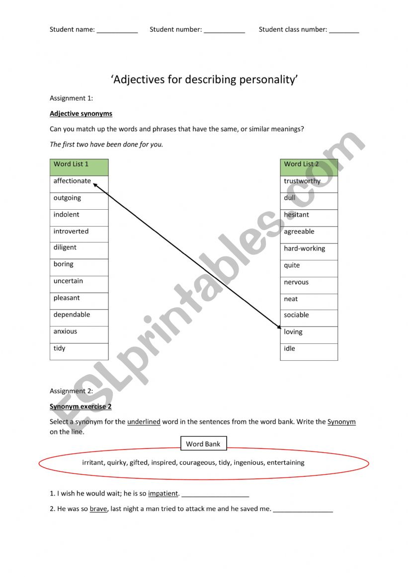 Adjectives and Synonym activity