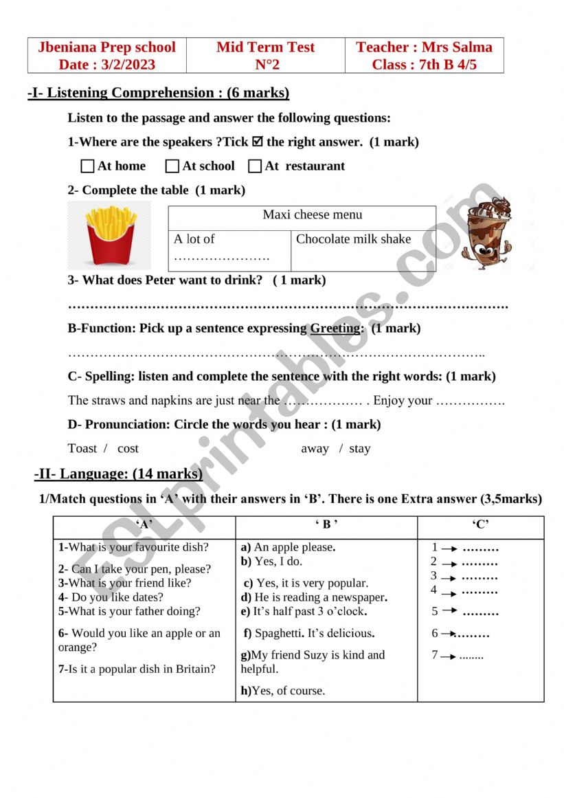 7th form mid term test 2 worksheet