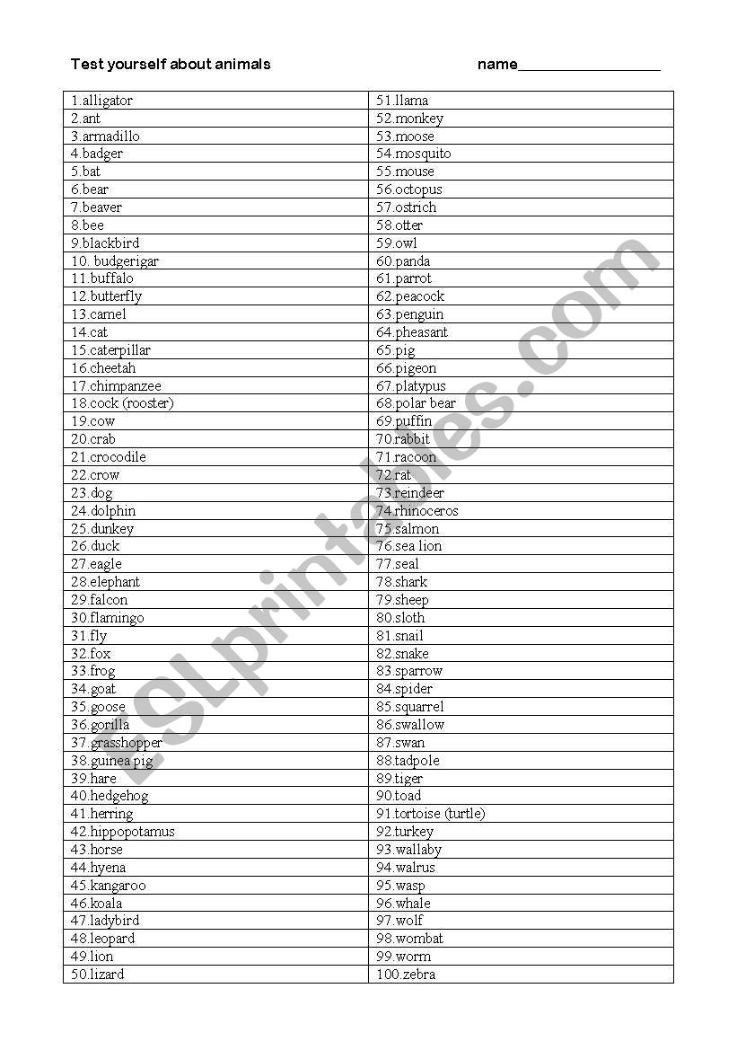 Test yourself:  animals worksheet