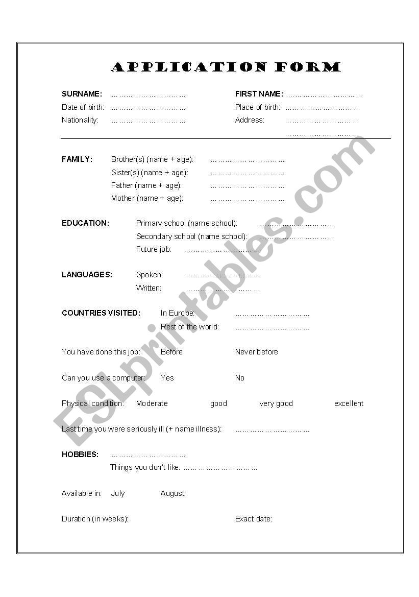 Applying for a job worksheet