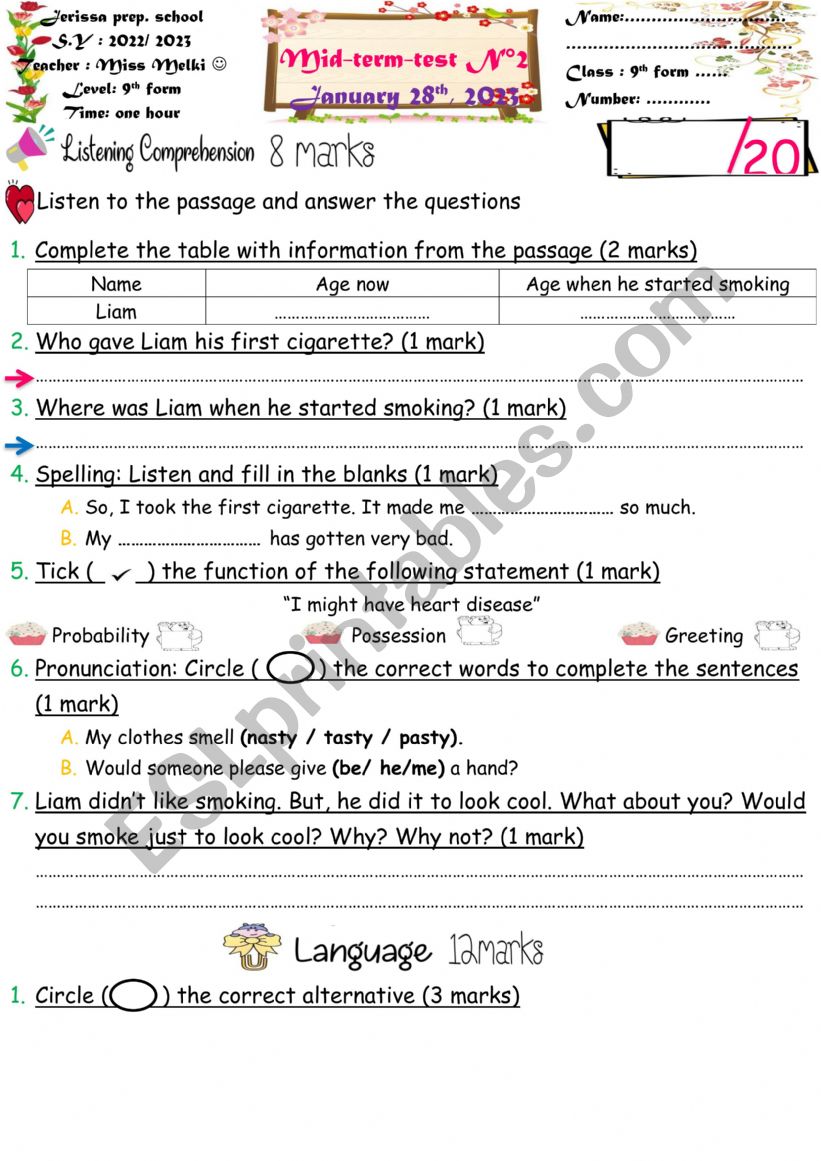 9th form test  worksheet