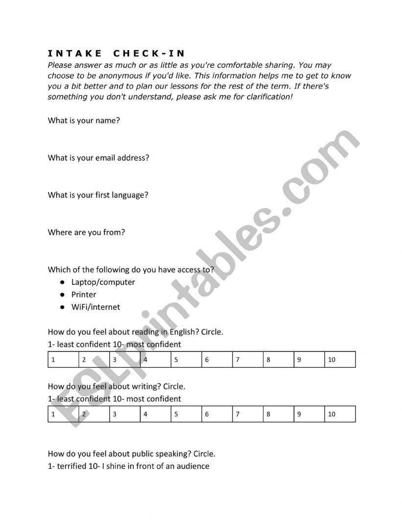 intake check-in form worksheet