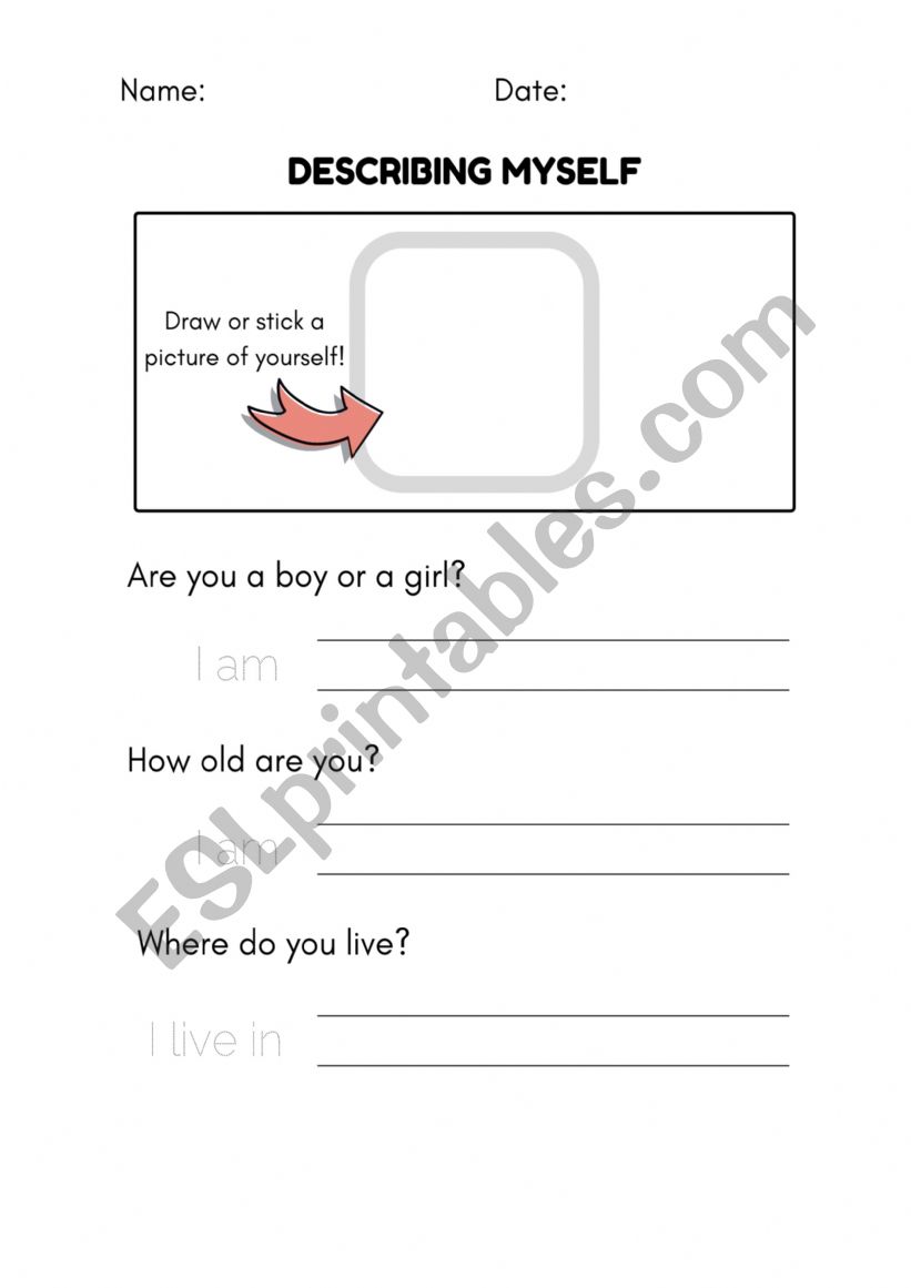 Describing myself worksheet
