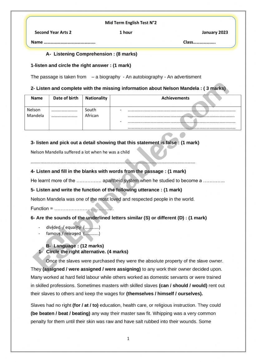 mid term test nbr 2 second year students