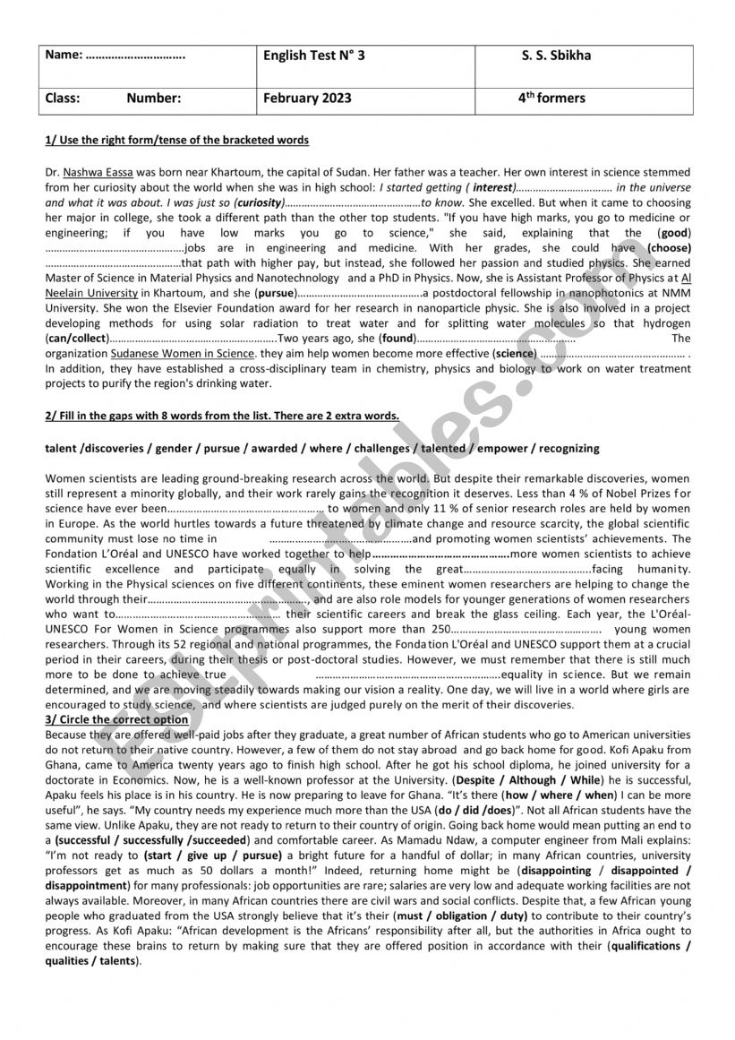 midr-term test 2  4 th form secondary education
