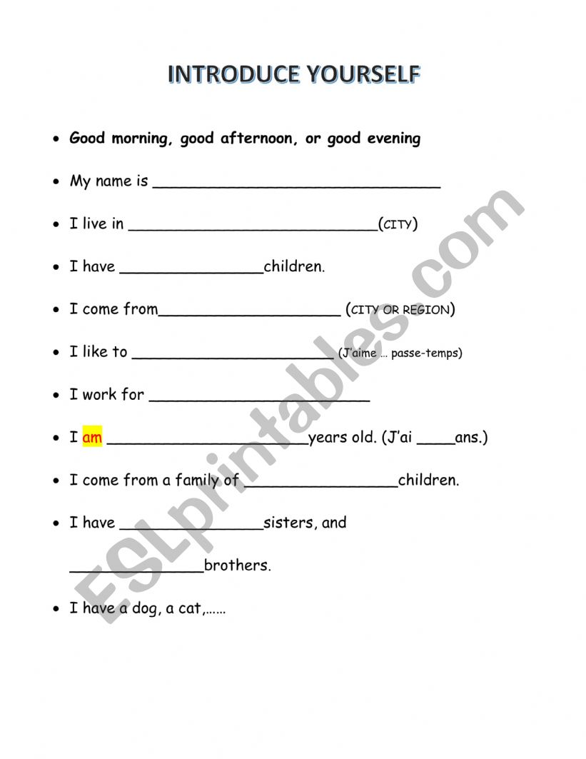 Presenting oneself worksheet