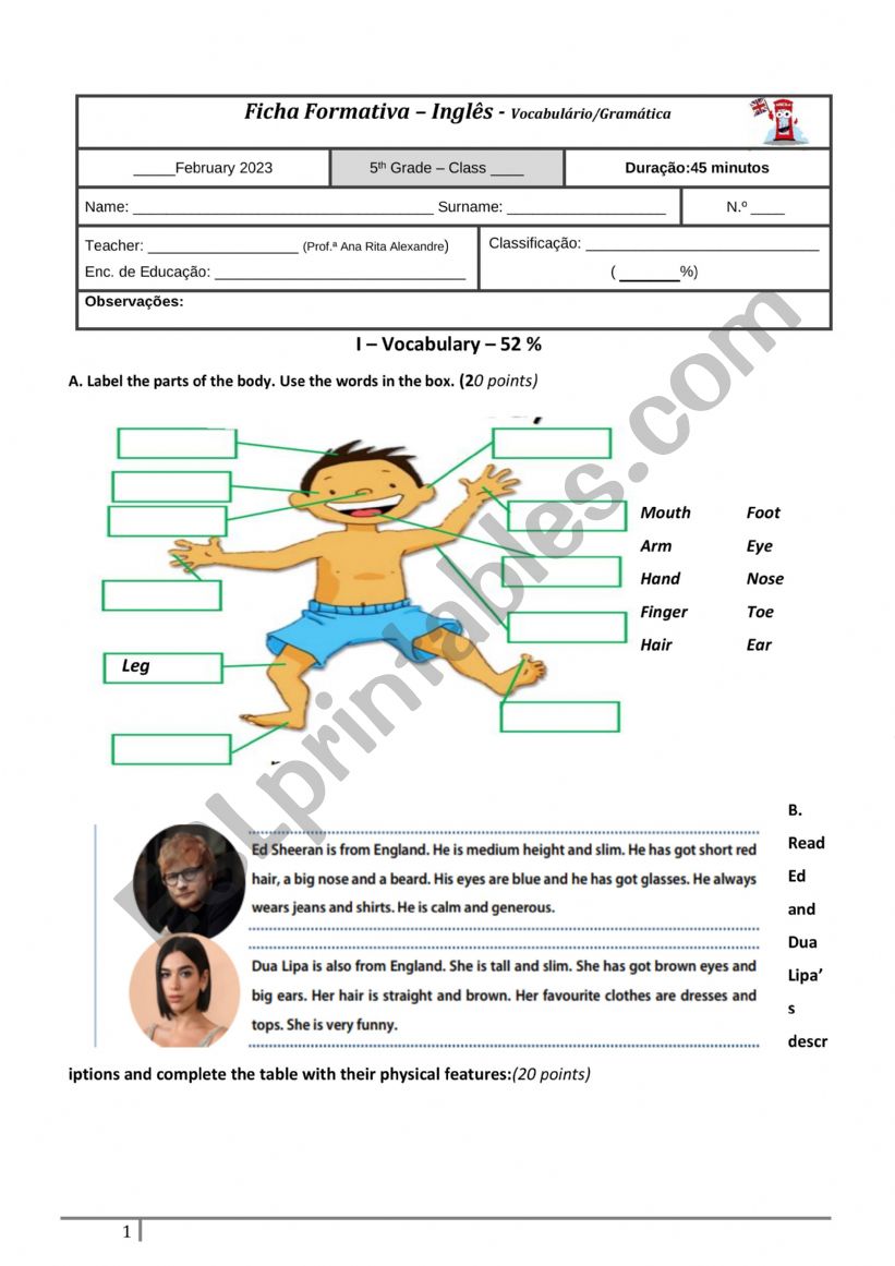 Body part worksheet