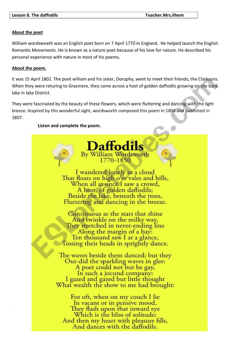 the daffodils worksheet