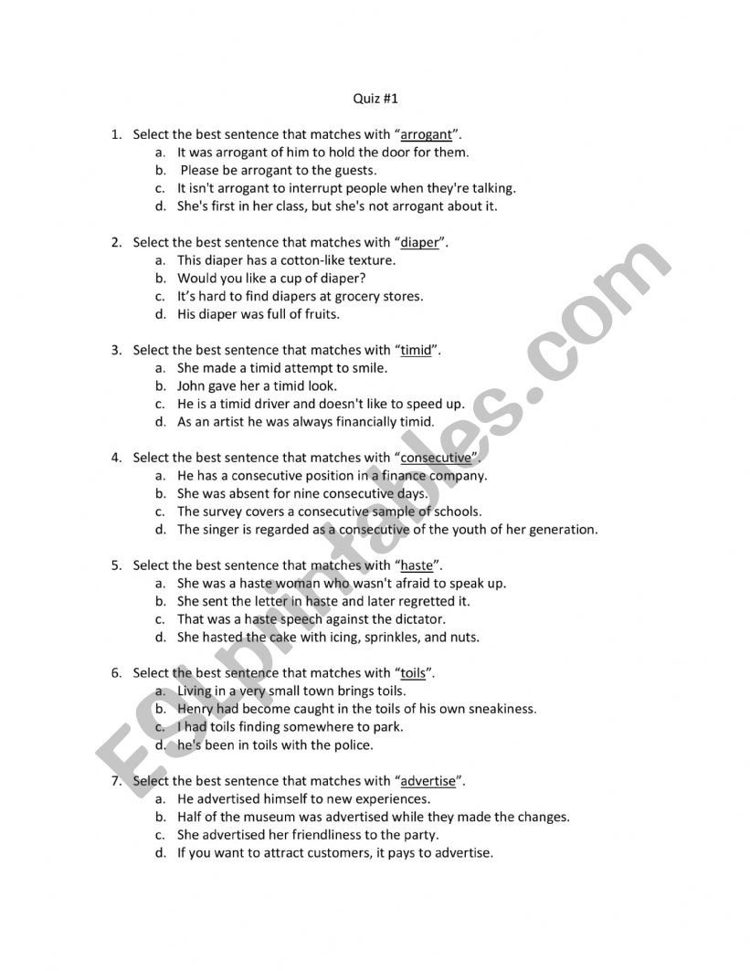 Vocab quiz worksheet
