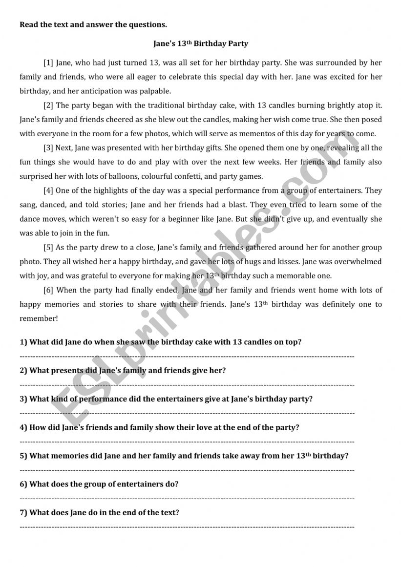 Birthday Party worksheet