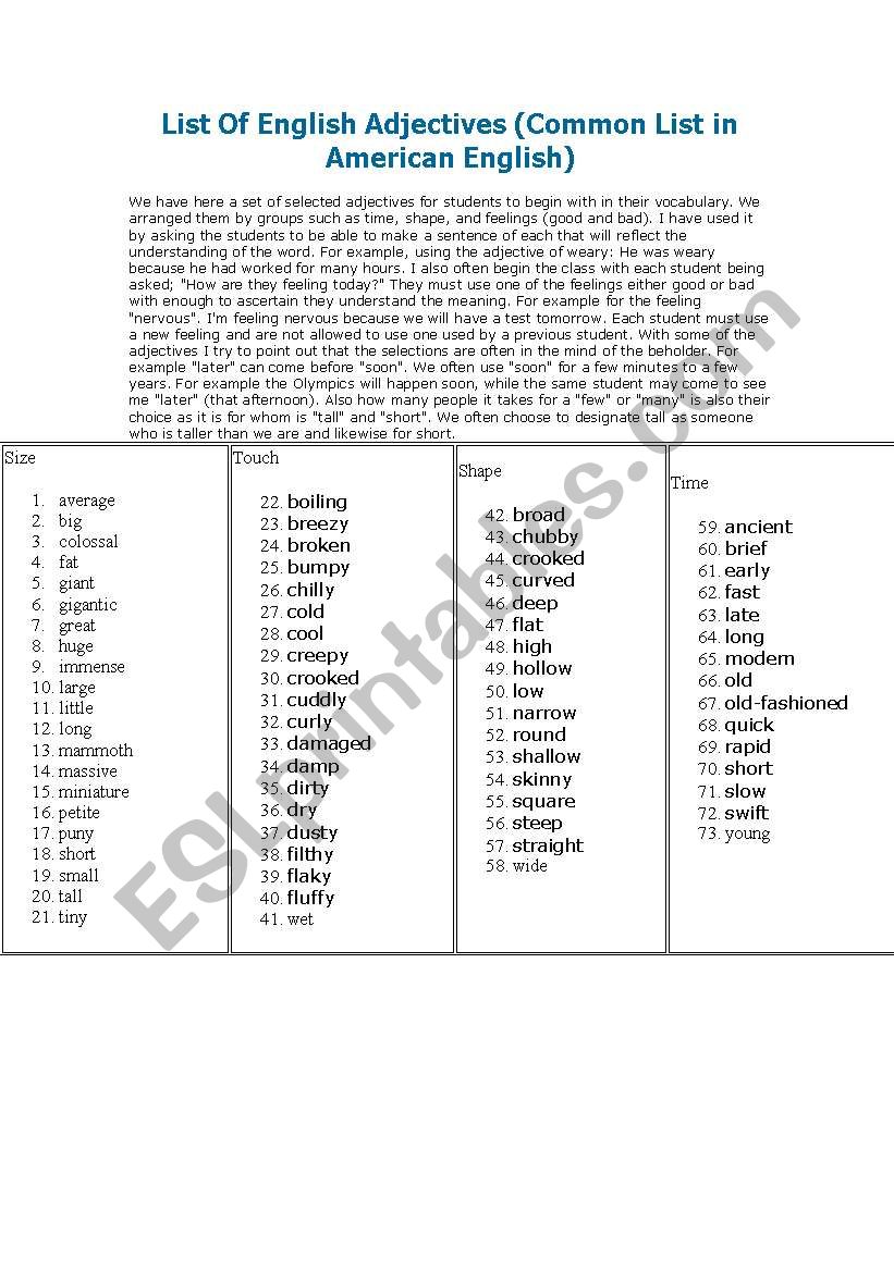 list of adjectives worksheet
