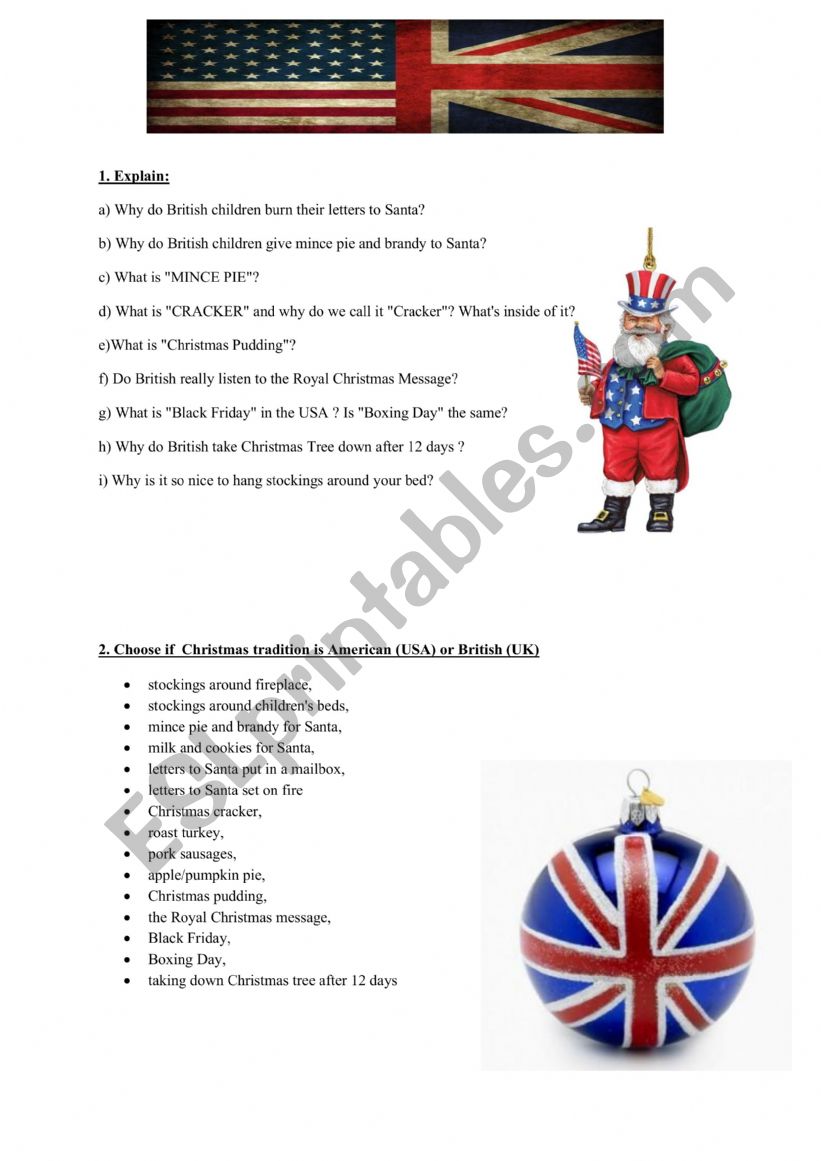 anglophenia UK USA christmas worksheet