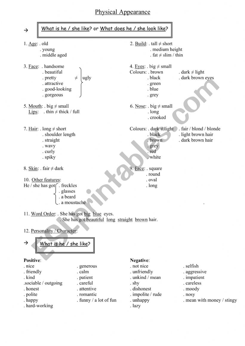 Physical description worksheet