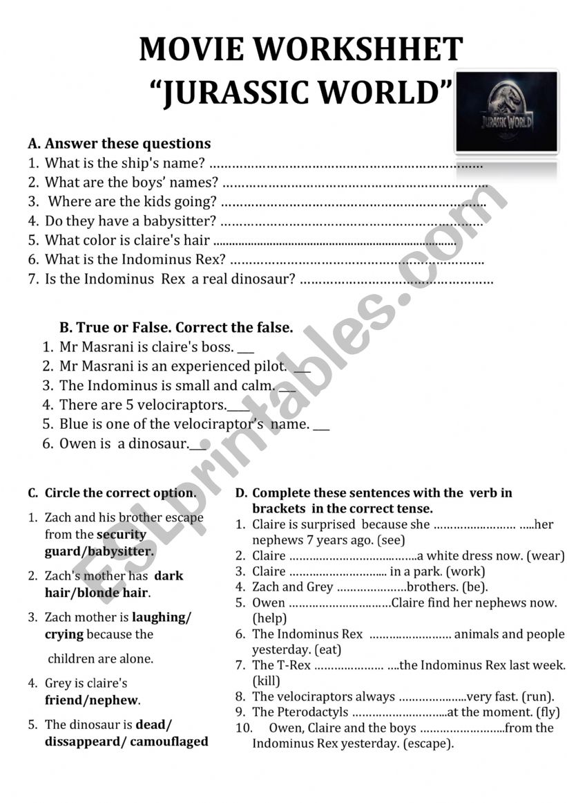 Movie Worksheet Jurassic World