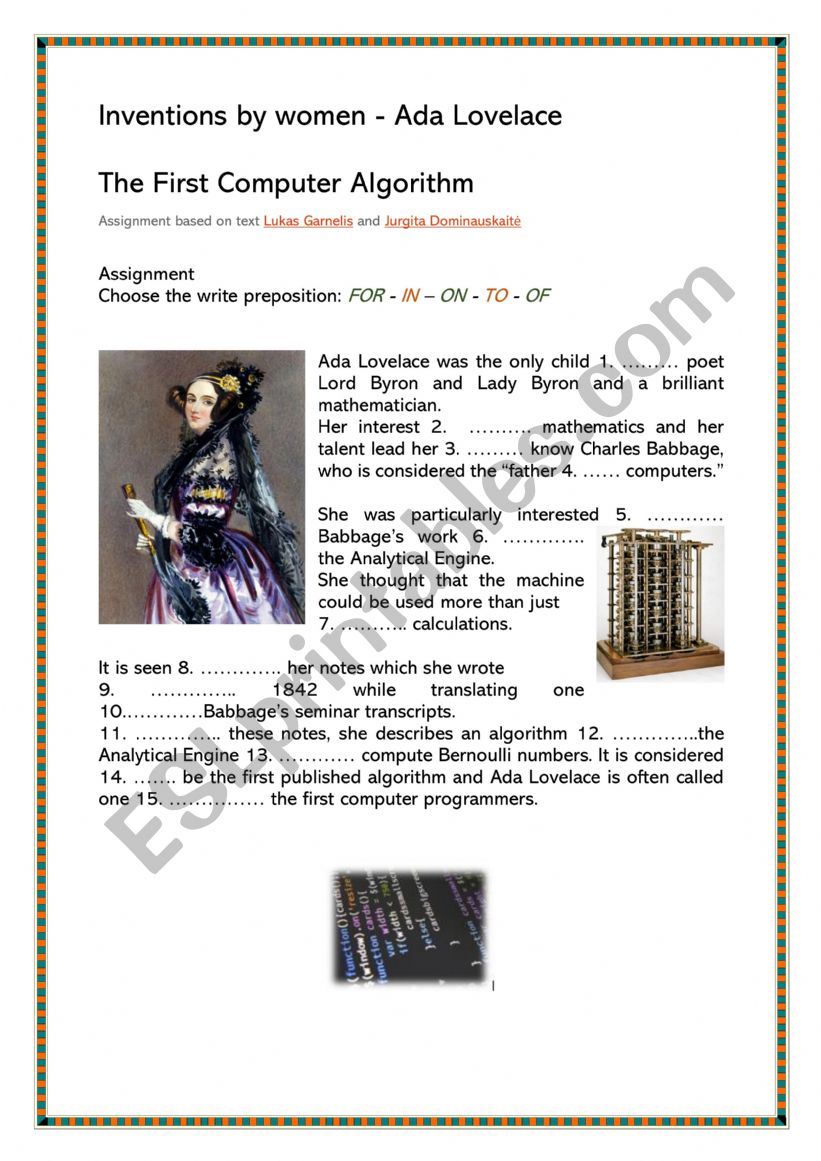 Inventions by women Ada Lovelace - prepositions in, on, to , for, of