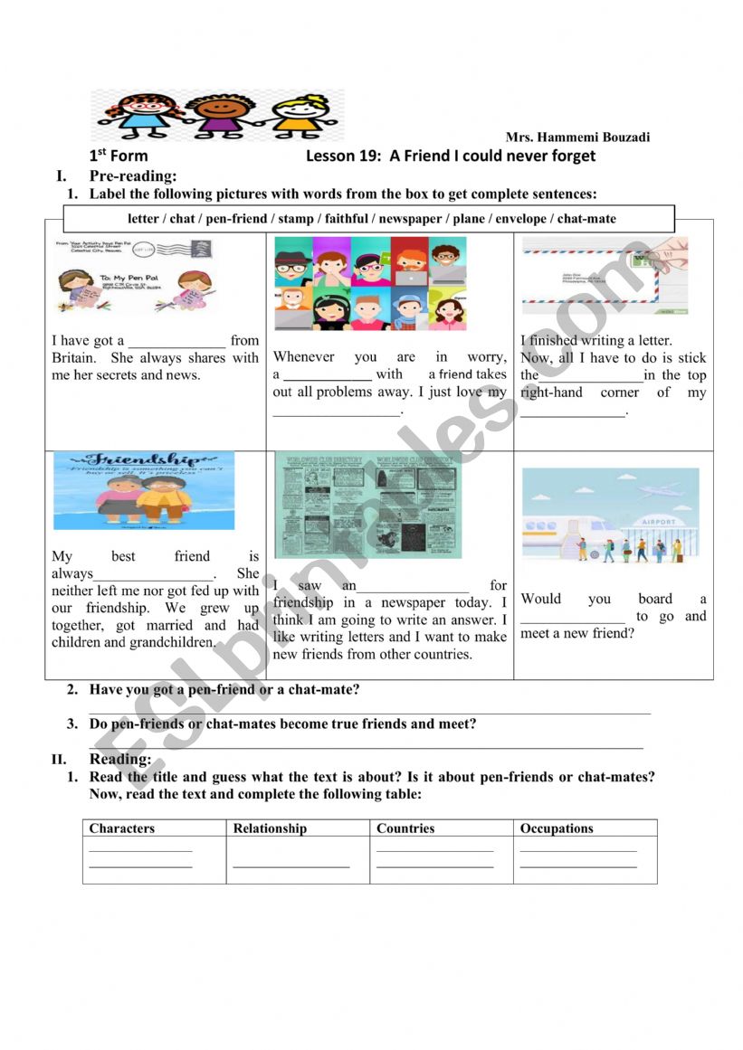 A friend I could never forget worksheet