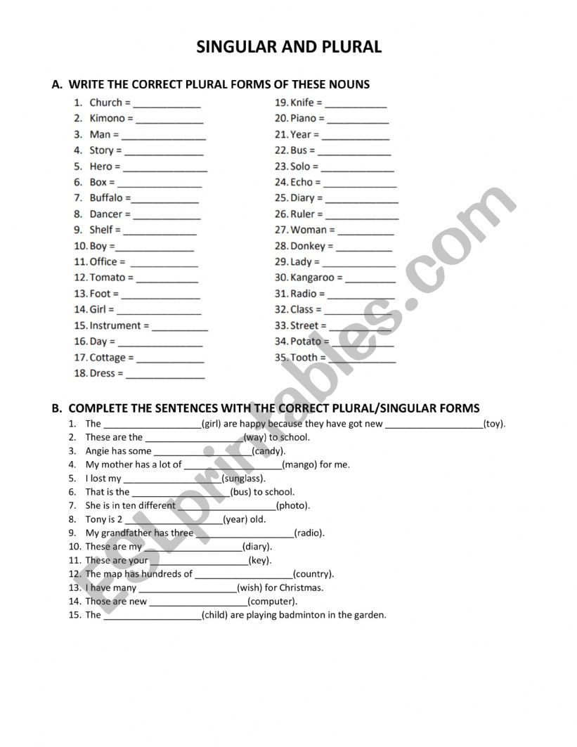 Singular and plural nouns worksheet