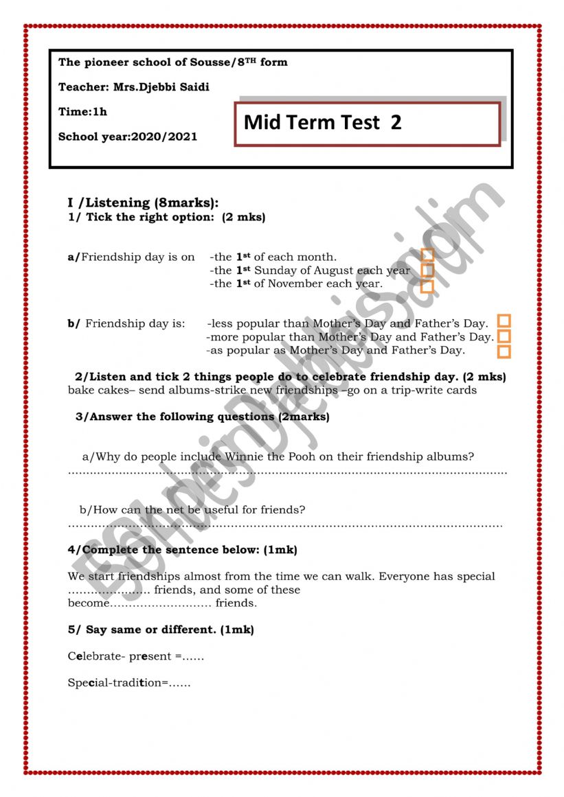 Mid term test 2 8th formpioneer school of Susah