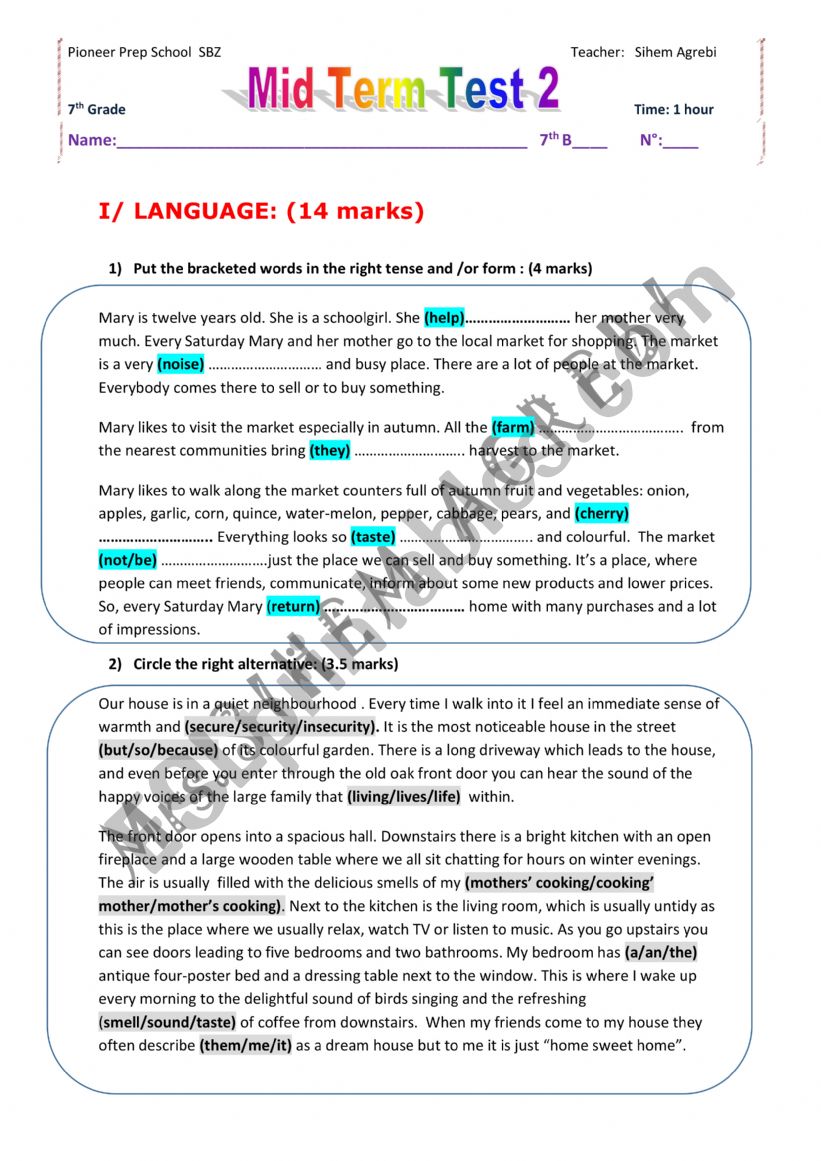 mid term 2 test 7th form worksheet