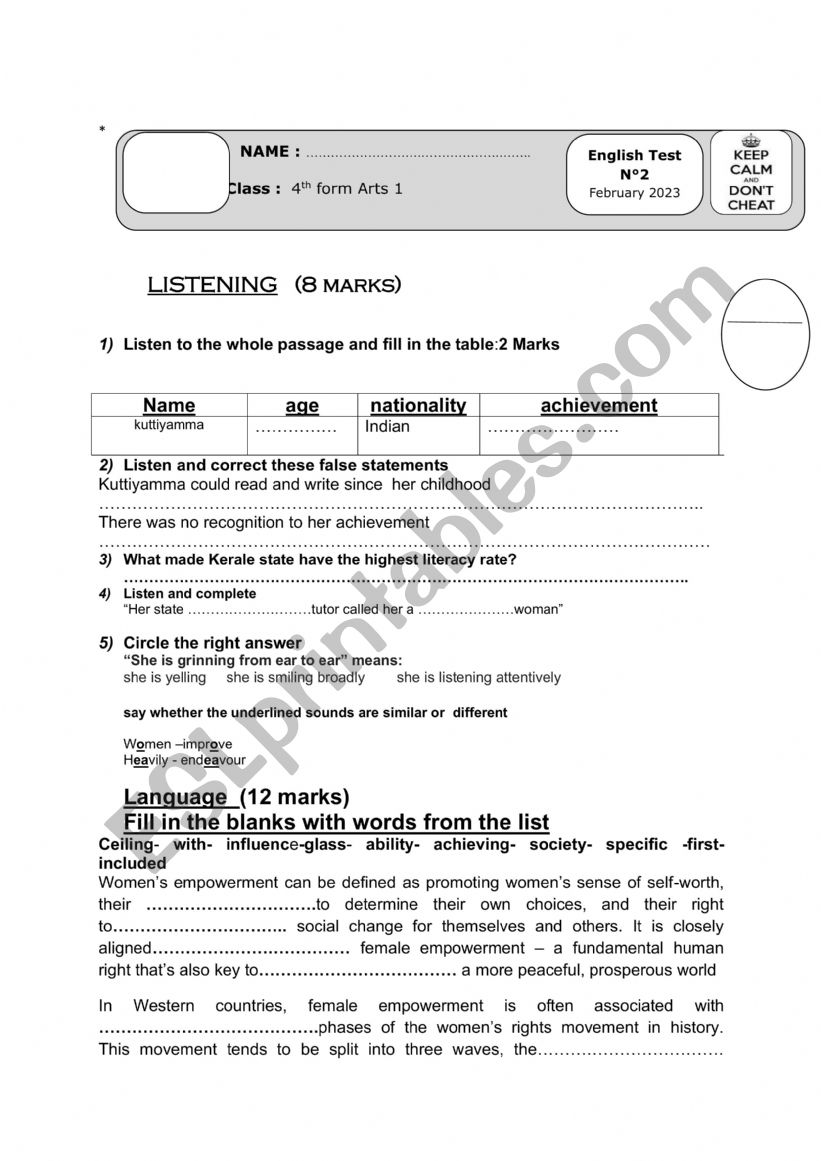 mid term test 2 4th form worksheet