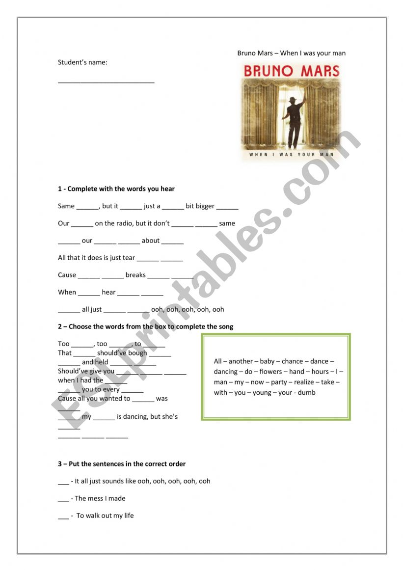 Bruno Mars  When I was your man - Listening and Word order activities 