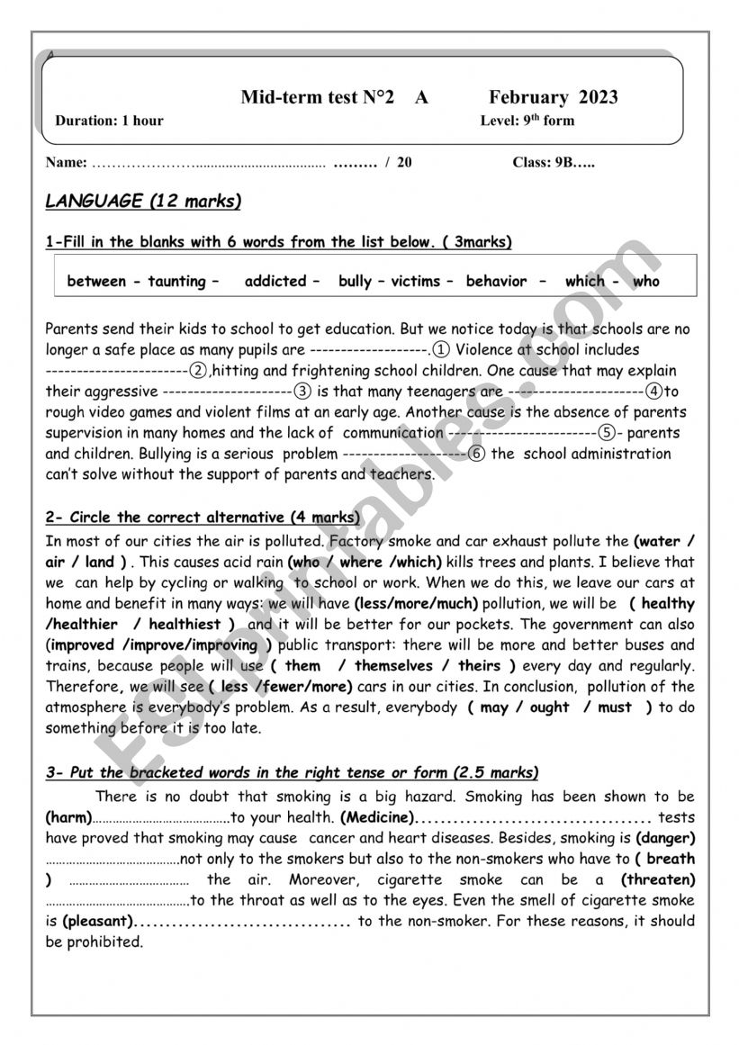 9th Mid test2  worksheet