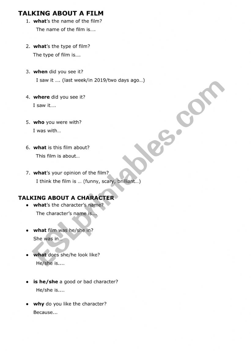 past simple speaking movies worksheet