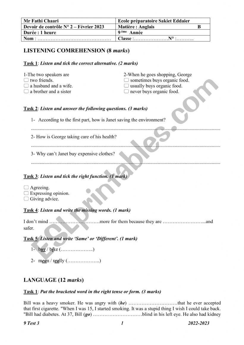 9 Test 3 2022-2023 B worksheet