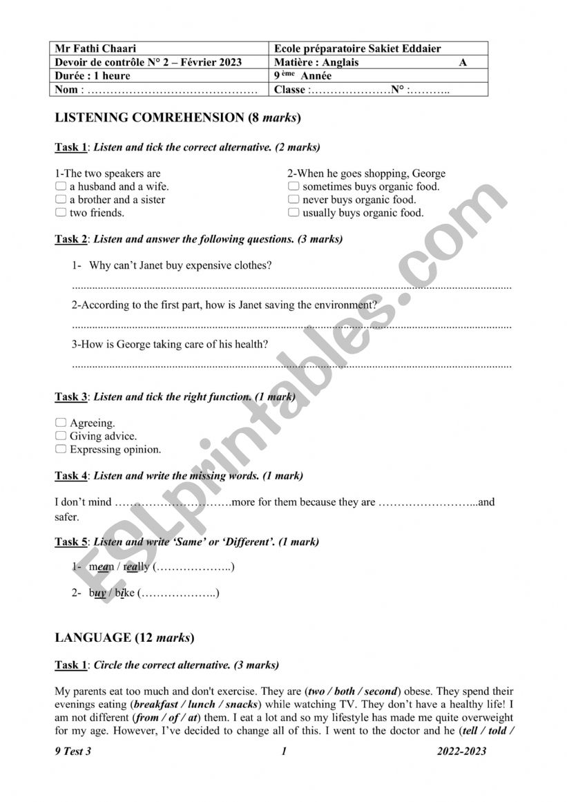 9 Test 3 2022-2023 A worksheet