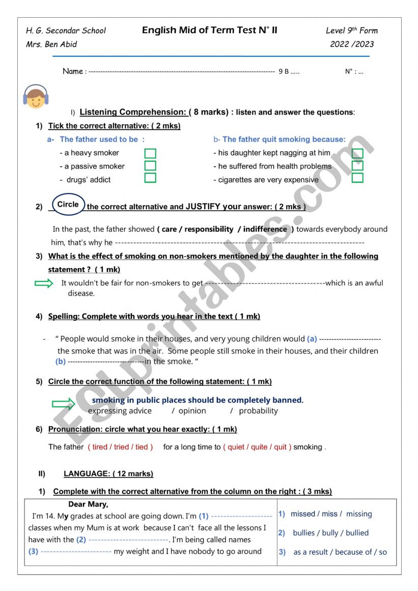Mid of 2nd Term Test 9th form worksheet
