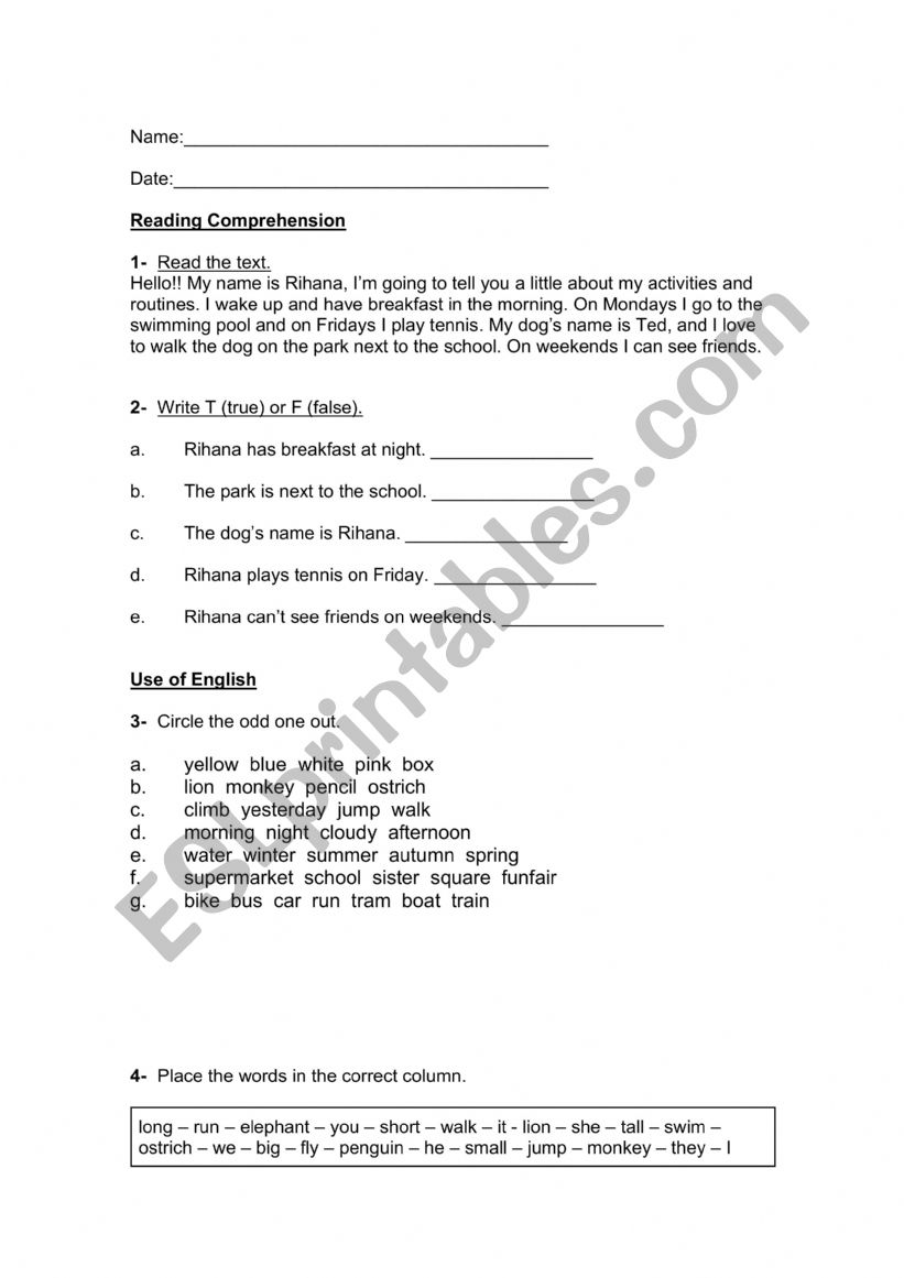 reading comprehension and use of english