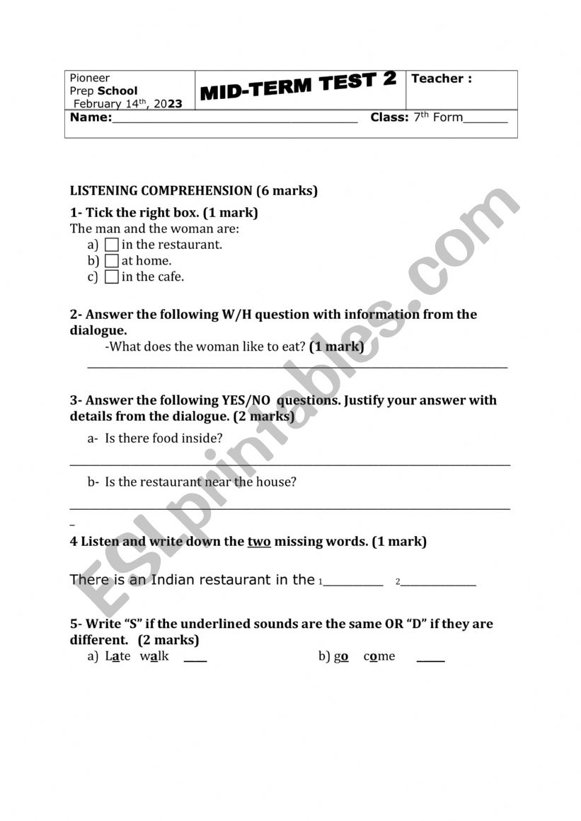 Mid term test 2 worksheet