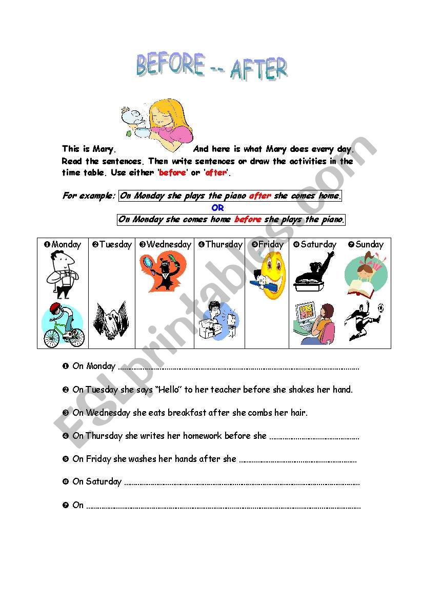 Adverbs of Time - before & after - ESL worksheet by larei