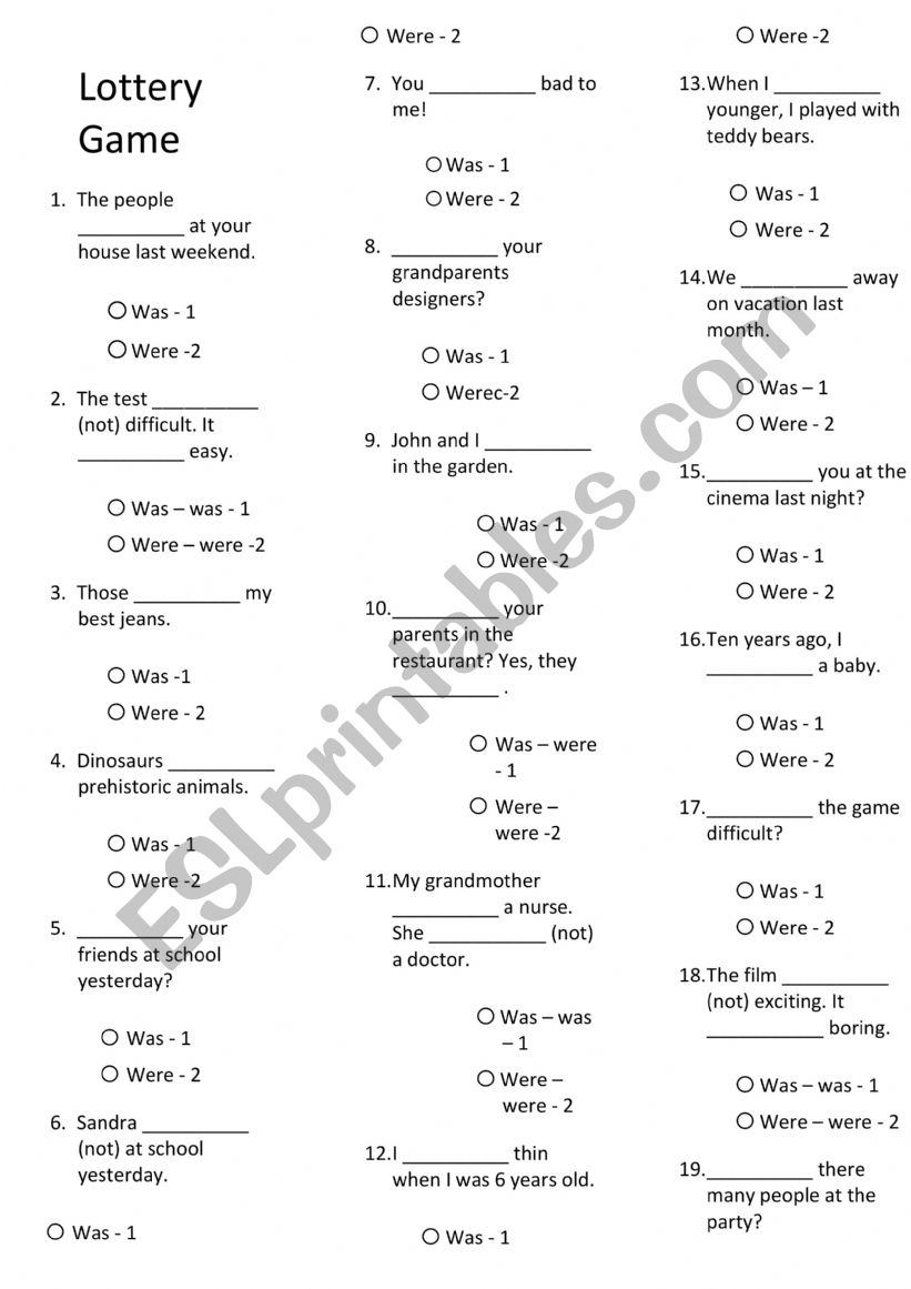 Was - were Lottery Game worksheet