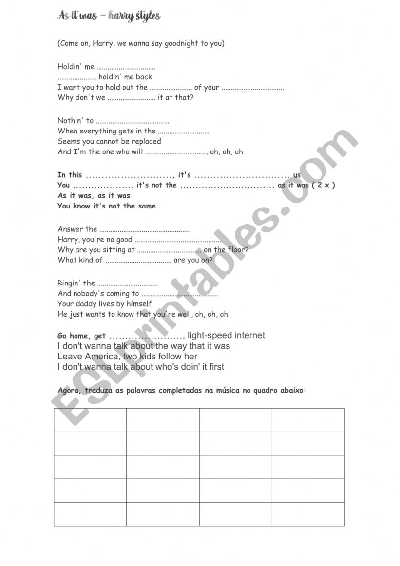 As it was song Activity worksheet