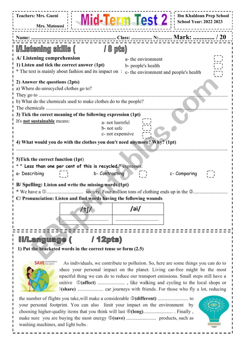 mid term test 2 9th form worksheet