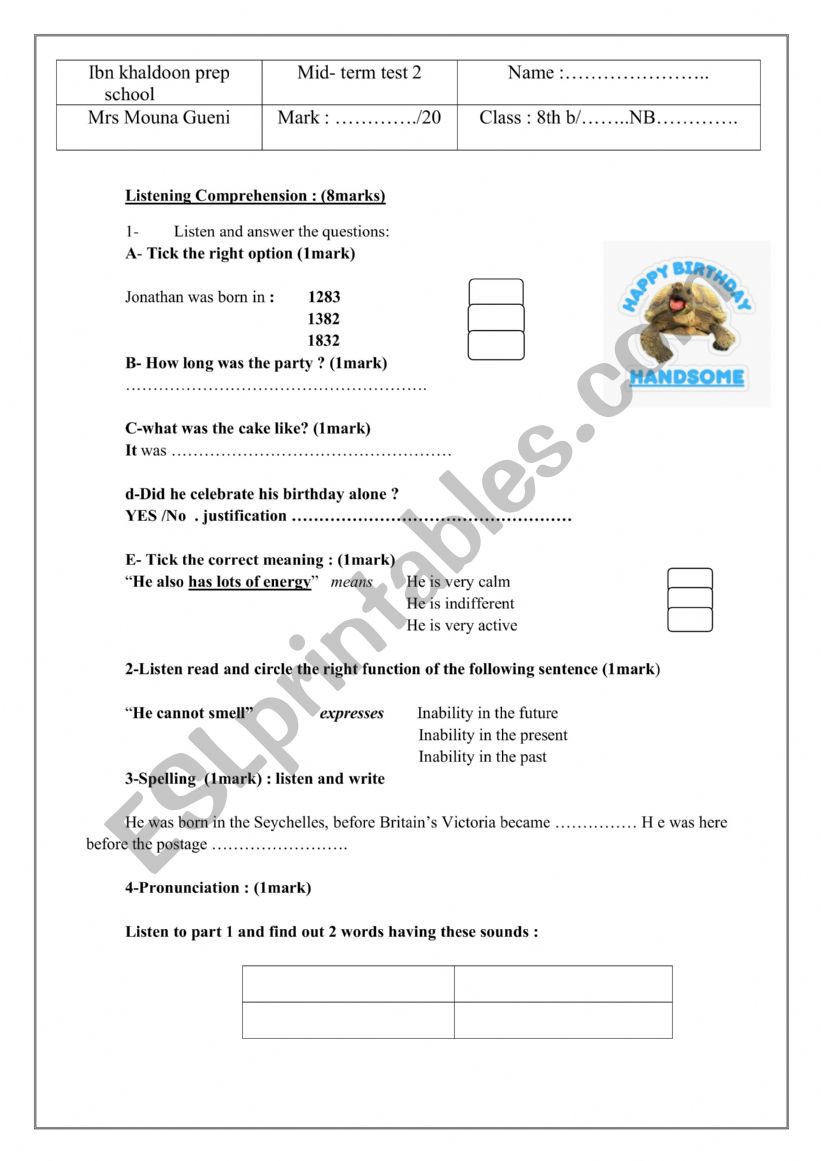 listening test  8th forms  worksheet