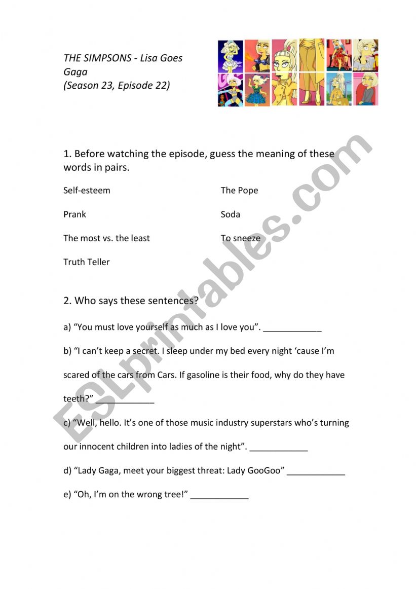 The Simpsons Worksheet (Episode 22, Season 23), 