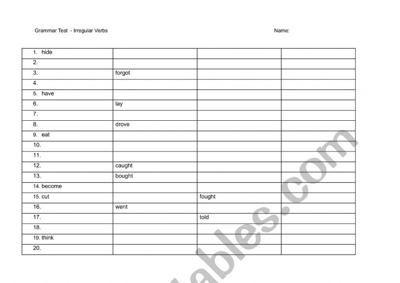 Irregular Verbs Test worksheet