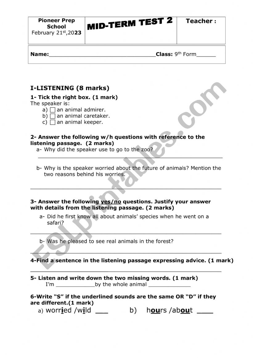 9h form mid term test 2 worksheet