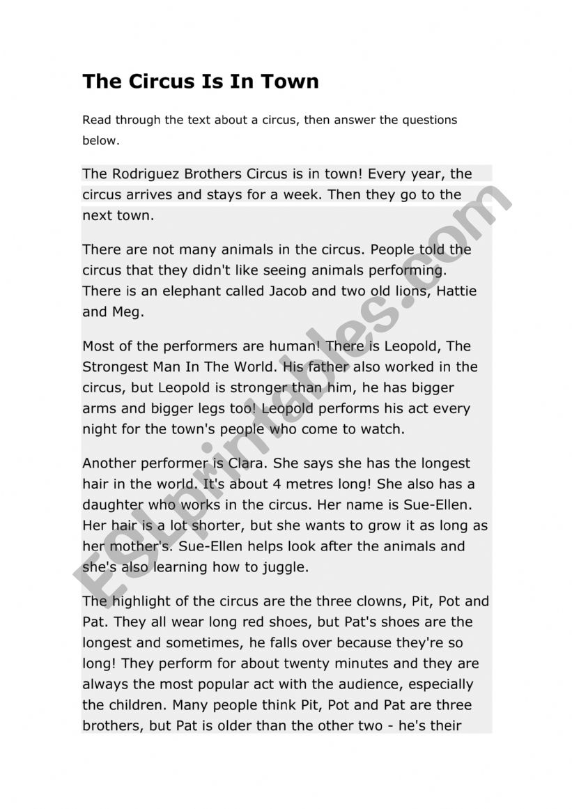 The circus worksheet