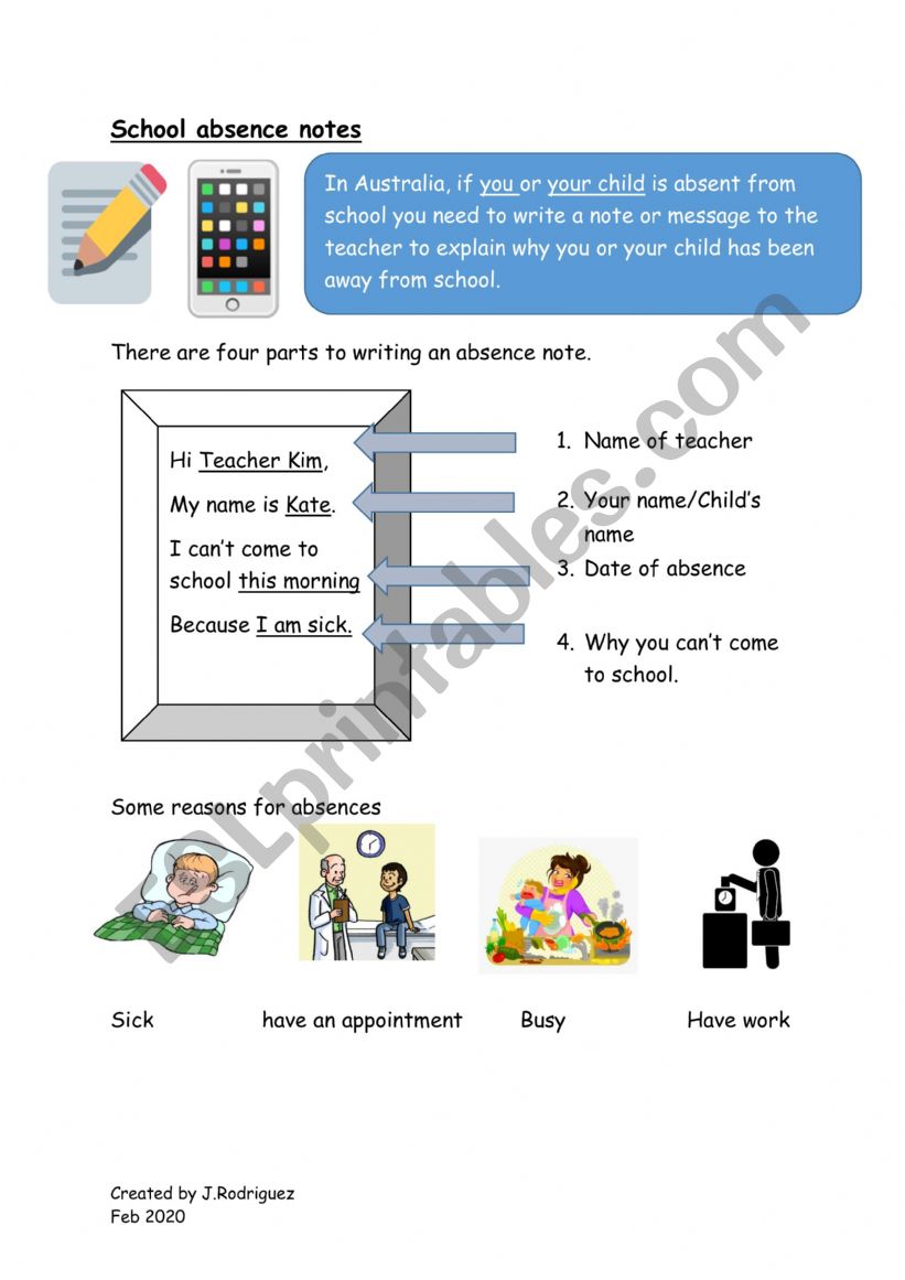 School Absent Notes and Calls worksheet