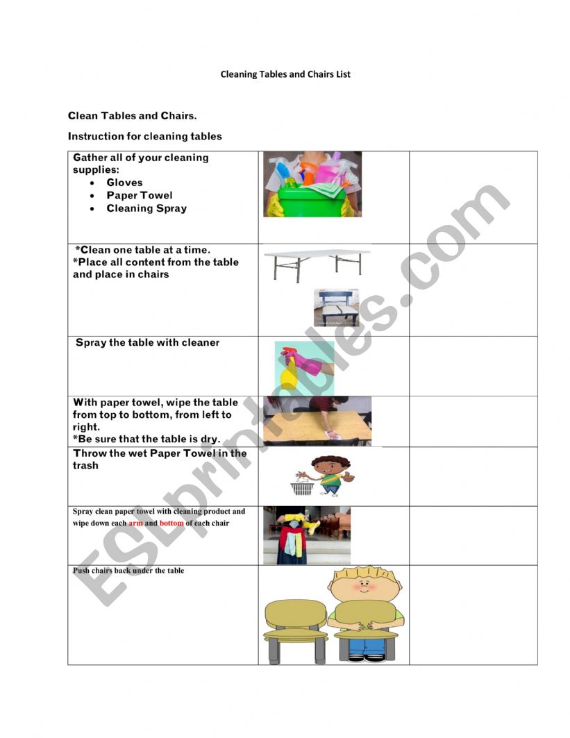 Table and Chair cleaning Checklist