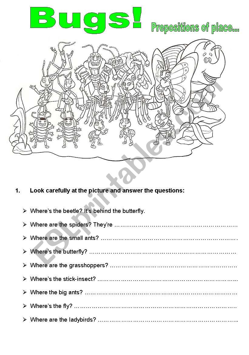 Bugs prepositions of place worksheet