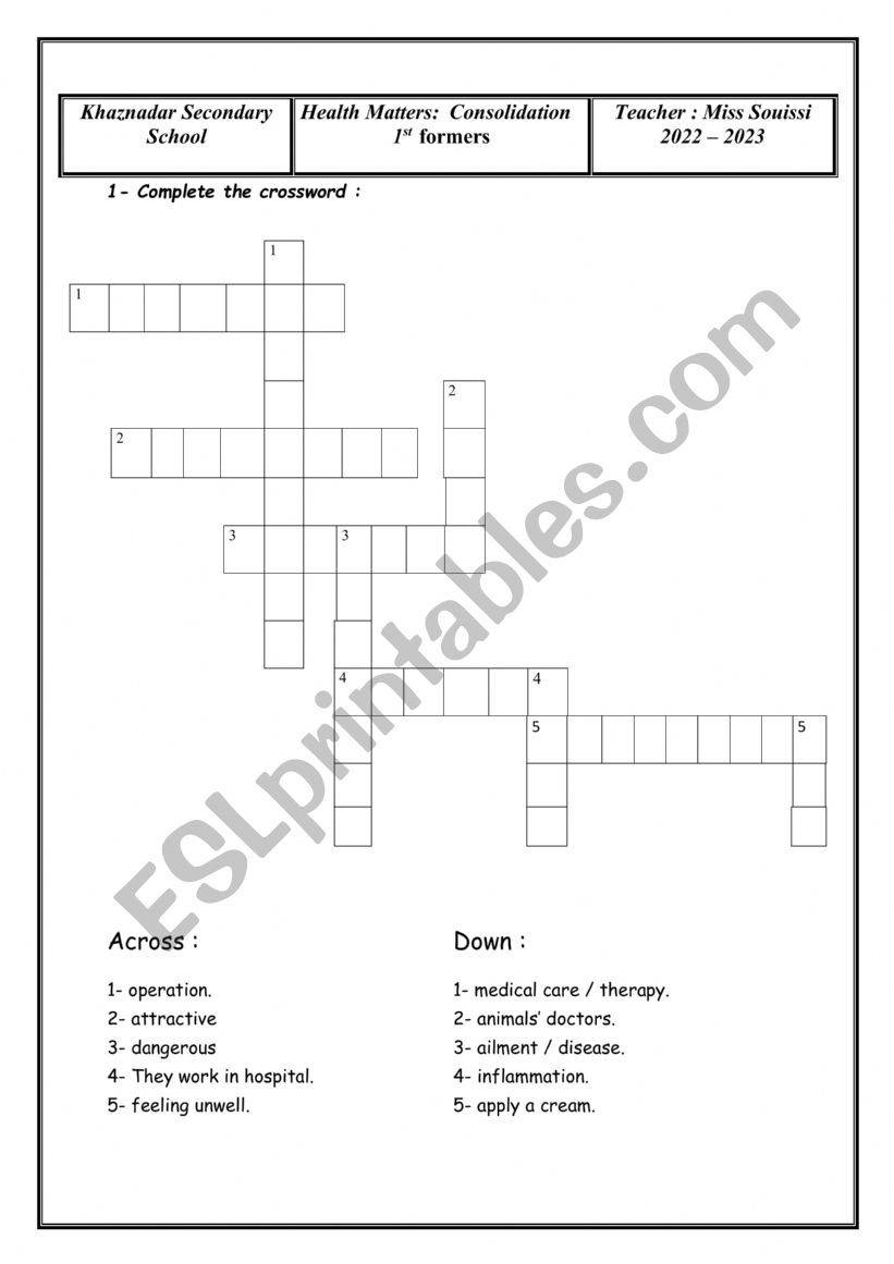 Health matters consolidation worksheet