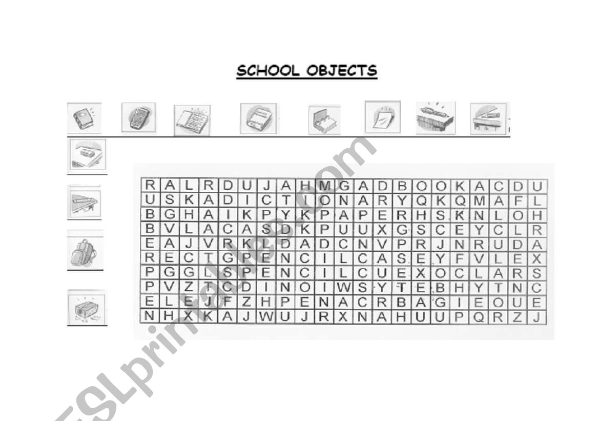 Word search school objects worksheet