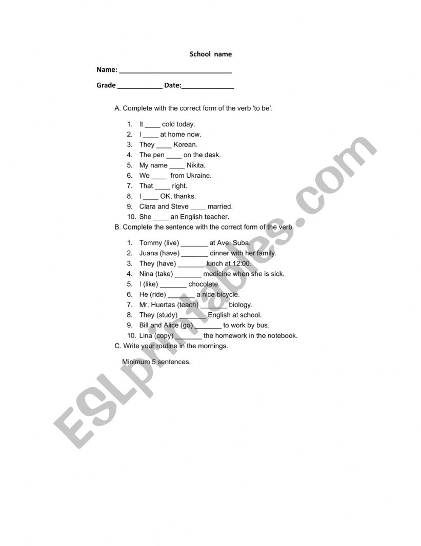 Simple present quiz worksheet