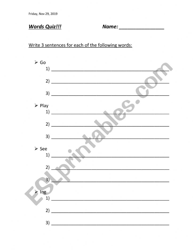 Go, Play, Ing, See & Look - Word Quiz Go, Play, Ing, See & Look - Word Quiz