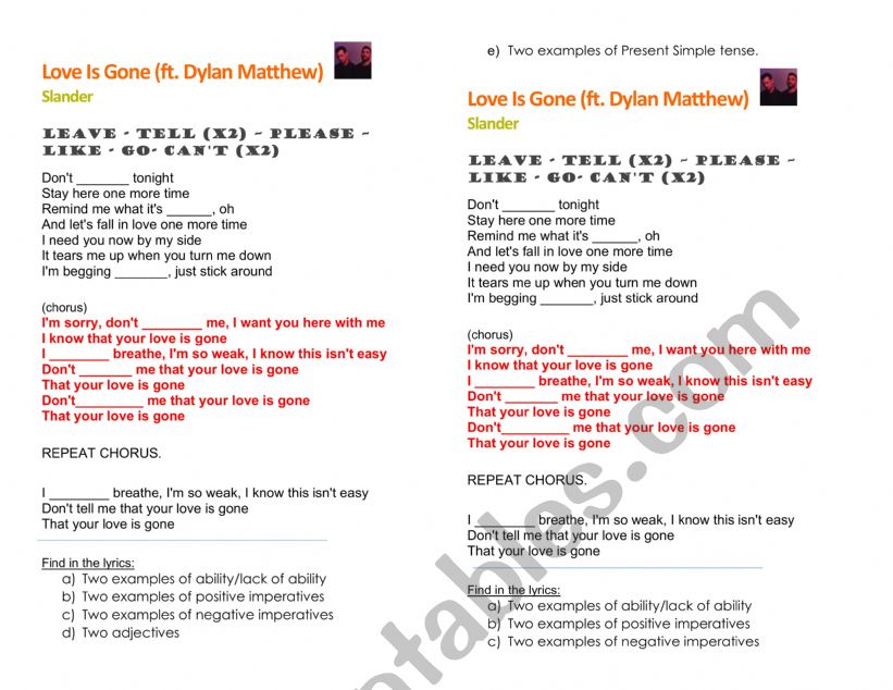 Song Love is gone worksheet