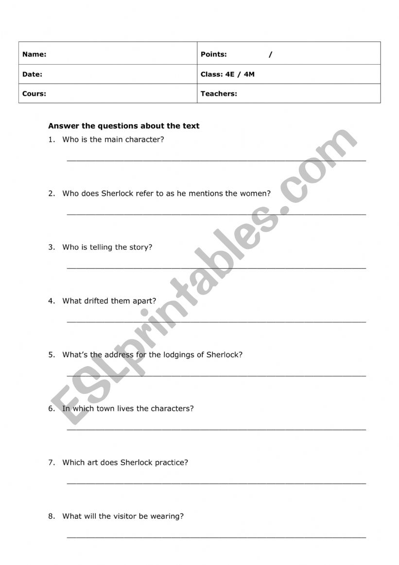 Reading task Sherlock Holmes worksheet